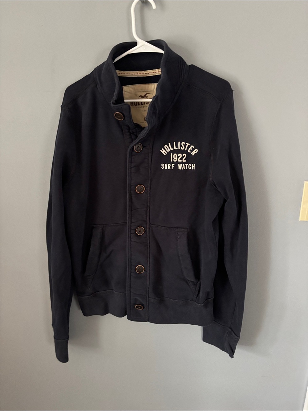 Hollister Men's Navy Button-Up Shirt Jacket with Surf Watch Logo